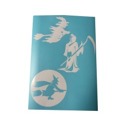 Airbrush Klebeschablonen Helloween Set 6 Sensenmann Hexen Stencil Sign Mask blau transparent